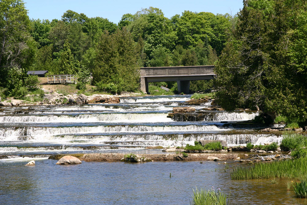 View of the Sauble Falls from the bottom shore of the river